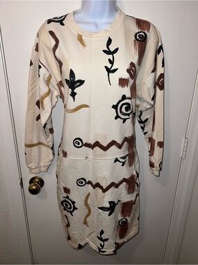 Cream Abstract-Print Long Sleeve Midi Dress